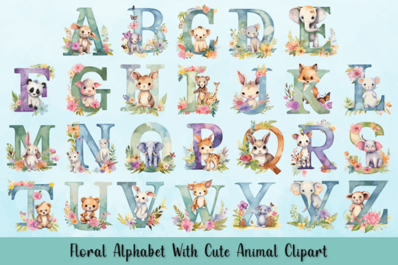 Download Floral Alphabet with Cute Animal Clipart - Premium Bundle